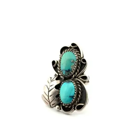 Size: 5.5 Double Turquoise 925 Sterling Silver Ring Signed GR 8.8g