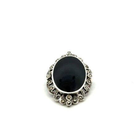 .925 Sterling Silver Marcasite And Oval Onyx Pin/Brooch, 6.1g