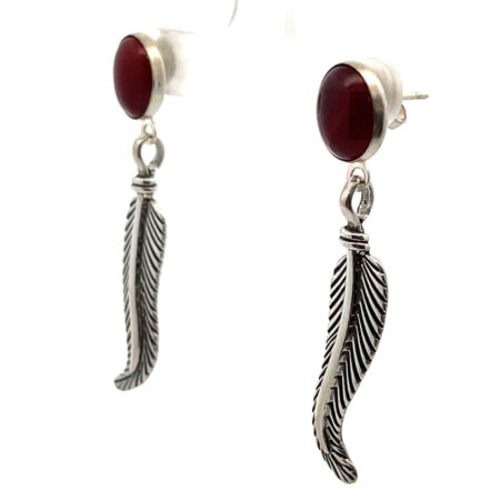 Navajo .925 Sterling Silver Carnelian Feather Stud Earrings, 5.8g