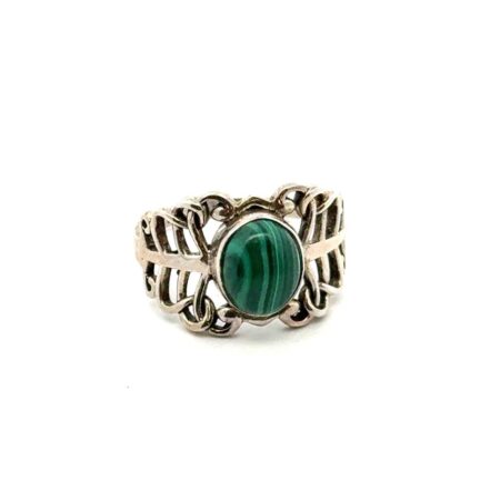925 Sterling Silver Open Scroll Oval Malachite Stone Size - 10, 4.5g