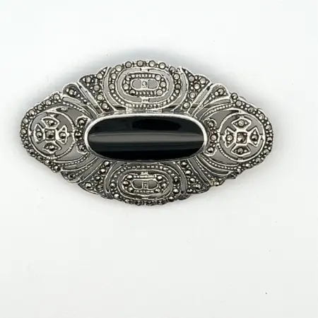 Vintage Sterling Silver Marcasite & Black Onyx Brooch/Pin 9.1 Grams