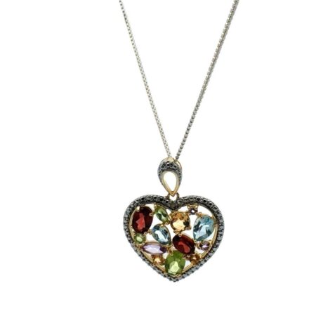 Sterling Silver Multi-color Gemstones Heart Pendant with 18" Box Chain Necklace