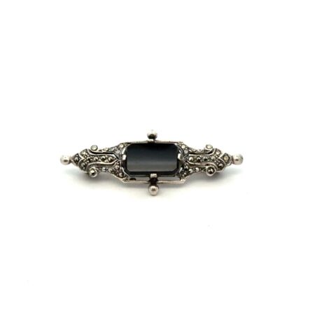 Vintage .925 Sterling Silver, Marcasite, Onyx Bar Brooch/Pin, 3.5g