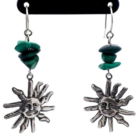 Andes .925 Sterling Silver & Malachite Sunburst Dangle Drop Earrings 13.6 Grams