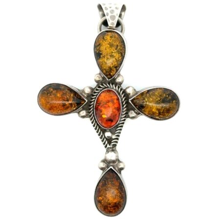 Large 2” .925 Sterling Silver Cross, Oval + Pear Shaped Amber Stones, 10.8g