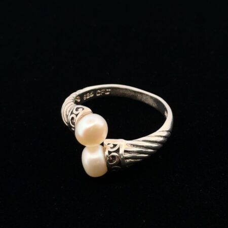 Size: 8.5 Thailand 925 Sterling Silver By-Pass Double Pearl Ring 4.1g