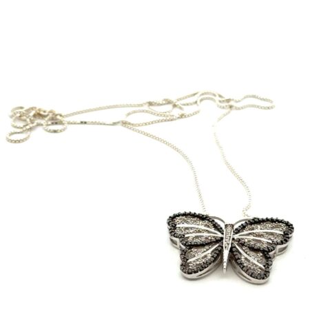24” .925 Sterling Silver Black & White Diamond Butterfly Necklace, 10.9g