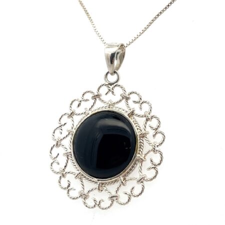 18” Box Chain 925 Sterling Silver w/ Intricate Round Onyx Pendant 7.0g