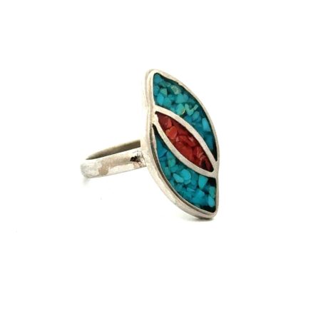 Southwestern Style .925 Sterling Silver Turquoise & Coral Inlay Ring Size-5.75