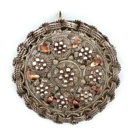Large 900 Silver Floral Filigree Brooch Pendant w/ Brass Highlights 18.3 Grams