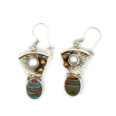 .925 Sterling Silver Banded Agate & Freshwater Pearl Dangle Earrings, 5.2g