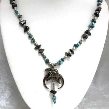 Sterling Silver Turquoise & Hematite Beads w/ Eagle Pendant 24” Necklace 47.9 Gr