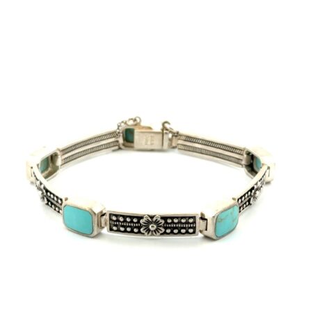 7” Synthetic Turquoise 925 Sterling Silver Bar Link Bracelet 21.6g