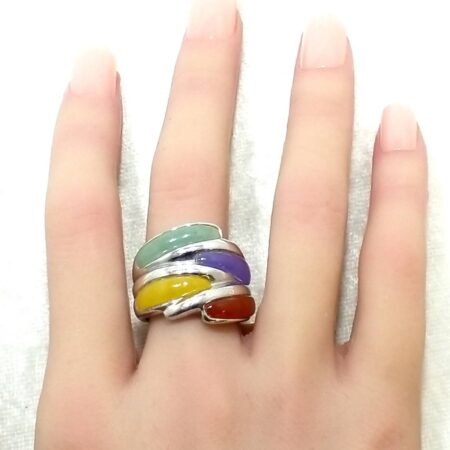 Multi-Color Jadite & Amethyst Sterling Silver Ring 11.6 Grams Size-8