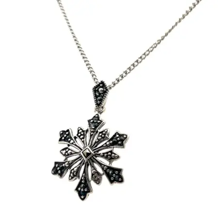 18” 925 Sterling Silver Marcasite Snowflake Pendant & 835 Silver Necklace 4.9g