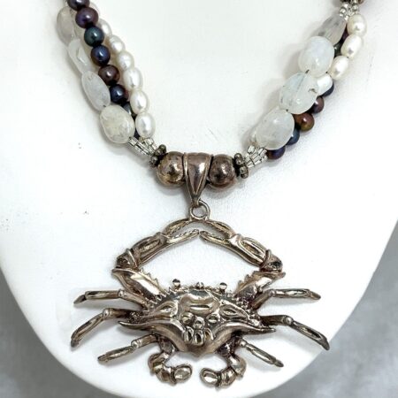Sterling Silver Freshwater Pearls, Crab Pendant 18” Necklace 53.1 Grams