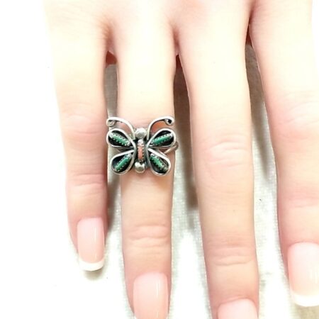 Sterling Silver Green & Red Turquoise Butterfly Ring 3.8 Grams Size-4.5