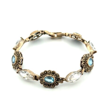 7” 925 Sterling Silver Blue & White Crystal & Marcasite Link Bracelet 23.9g