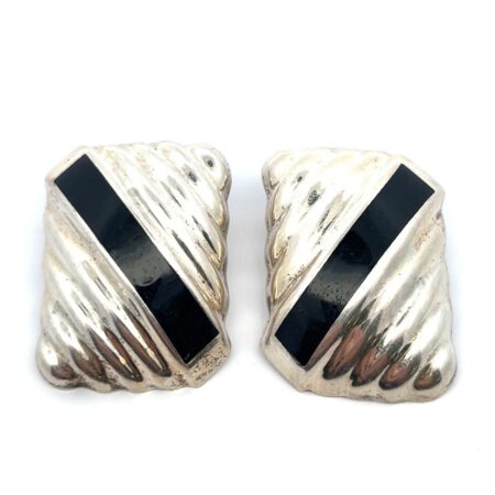 925 Sterling Silver & Onyx Rectangular Ribbed Clip on Earrings 23.3g