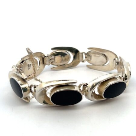 7.5” ND 925 Sterling Silver Oval Onyx Link Bracelet w/ Safety Chain 42.1g