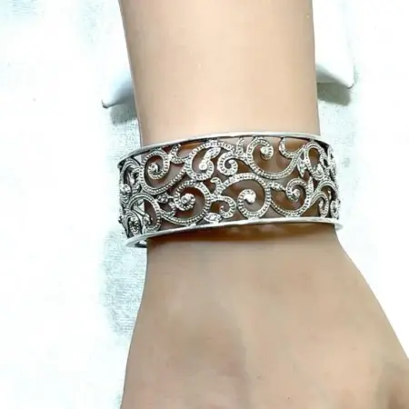925 Sterling Silver 7" Diamond Filigree Open Scroll Wide Cuff Bracelet 30.9g