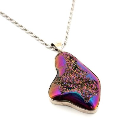 24” Italy 925 Sterling Silver Rope Chain w/ Rainbow Druzy Quartz Pendant 58.6g