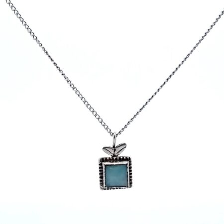 Sterling Silver Square Chalcedony Stone Charm Pendant With 16" Chain Necklace