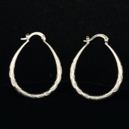 925 Sterling Silver Wavy Etched Oval Hoop Earrings 5.5g