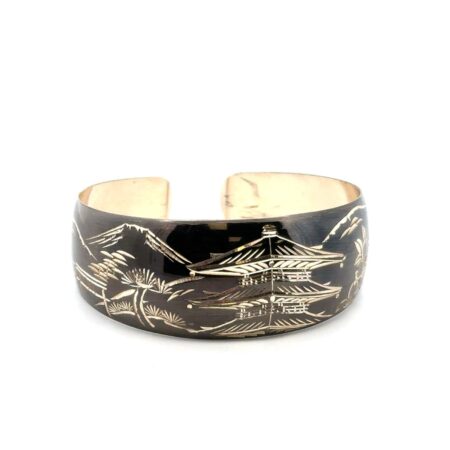 .925 Sterling Silver Etched Cuff Bracelet, Japanese Pagoda Design 12g, 6” Wrist