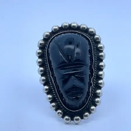 Sterling Silver Black Onyx Carved Mask Ring 7.9 Grams Size-6
