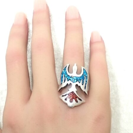Navajo Size-5.5 Sterling Silver Inlaid Turquoise & Coral, Eagle Motif Ring 7.5g