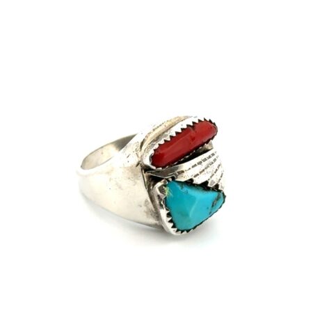 Size: 11 Navajo 925 Sterling Silver Turquoise & Coral Ring 11.8g
