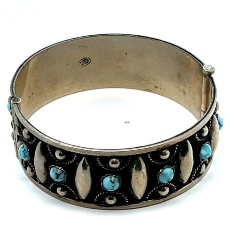 ALP Italy Cable Caviar Hinged Bangle 7.25” Bracelet w/ Turquoise 34.9 Grams