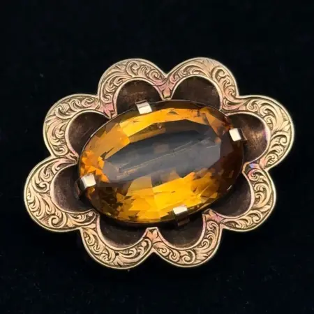 Antique 14k Yellow Gold 16.5ct Oval Citrine Brooch, 11.5g