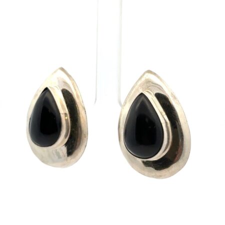 Vintage Taxco Mexico 925 Sterling Silver Onyx Teardrop Clip-On Earrings 17.3g