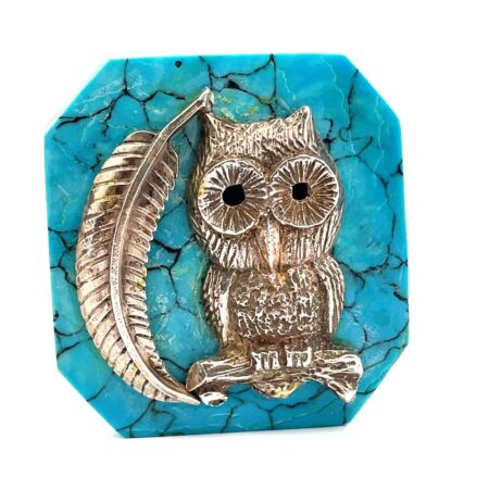 Vintage Native American JB Silver and Turquoise Owl &Feather Belt Buckle