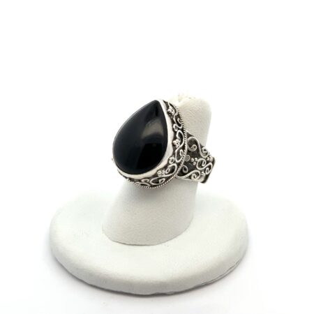 Chunky Suarti Bali BA 925 Sterling Silver Teardrop Onyx Scroll Ring Size: 6