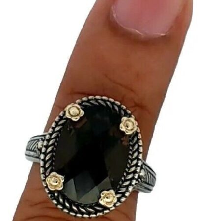 925 Sterling Silver & Four 14K Flower Accents, Oval Smokey Quartz Ring Size-7