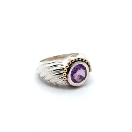 .925 Sterling Silver & 14k Yellow Gold Amethyst Ring, Size-7, 8.1g