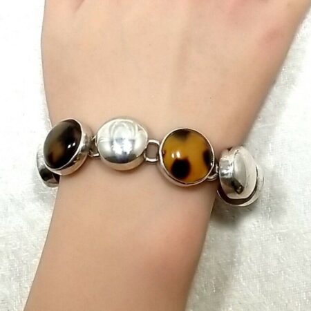 Vintage Sterling Silver & Cabachon Operculum Shell Bracelet 51.1 Grams Size-7
