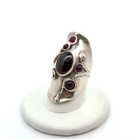 Poram 925 Sterling Silver Garnet Cabochon Finger Statement Ring Size: 7.5