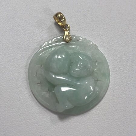 Solid Jade Carved Monkey Pendant With 14k Yellow Gold 6.8grams