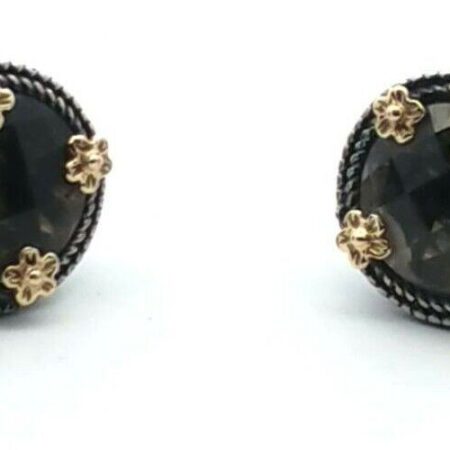 925 Sterling Silver & Four 14K Flower Accents, Round Smokey Quartz Earrings