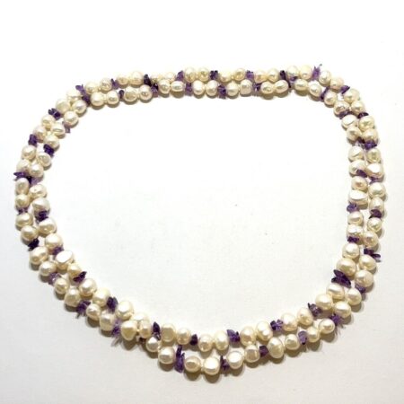 Freshwater Pearl & Amethyst Chip 36” Double Twist Necklace 59.2g