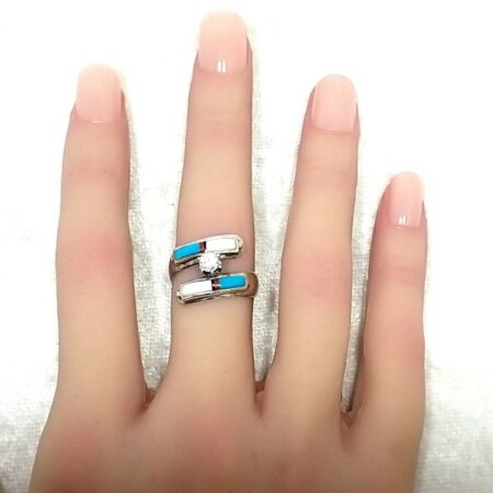 Sterling Navajo Jason Livingston Turquoise & MOP Inlay w/Round CZ Ring Size-6.75