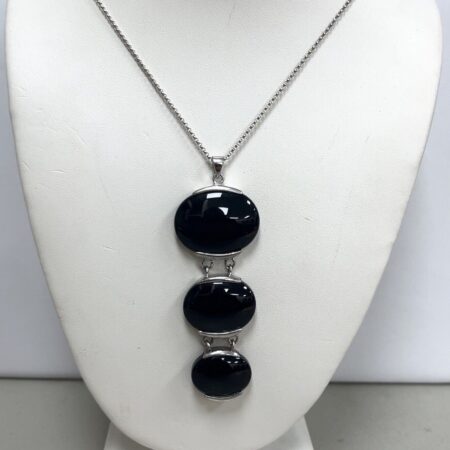925 Sterling Silver Black Onyx Triple Oval Stones Pendant on 18” SS 925 Chain