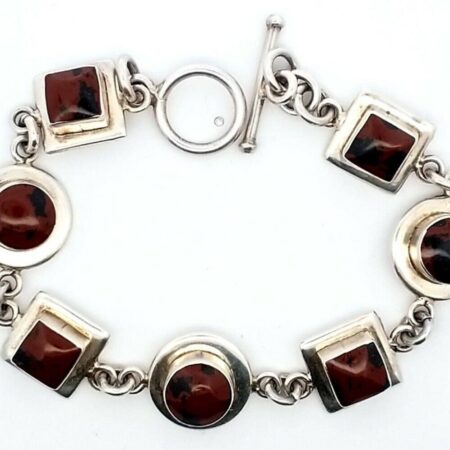 Vintage 925 Sterling Silver Round & Square Shaped Jasper Stones 8 Inch Bracelet