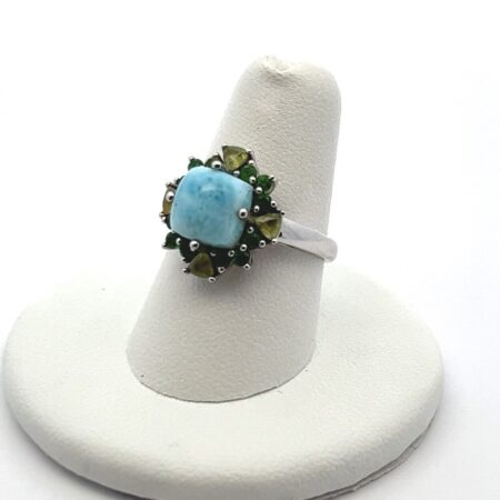 Vintage 14K White Gold - Larimar Stone - Peridot Halo Ring Size: 7.5 - 4.2g