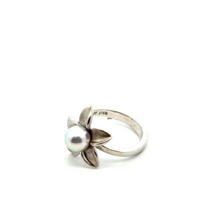 .925 Sterling Silver Pearl Plumeria Ring Size-7.75, Marked PF Sterling, 6.4g