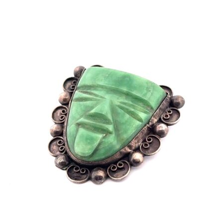Vintage 925 Sterling Silver Jade Mayan Warrior Mask Tribal Brooch/Pin 37.4g